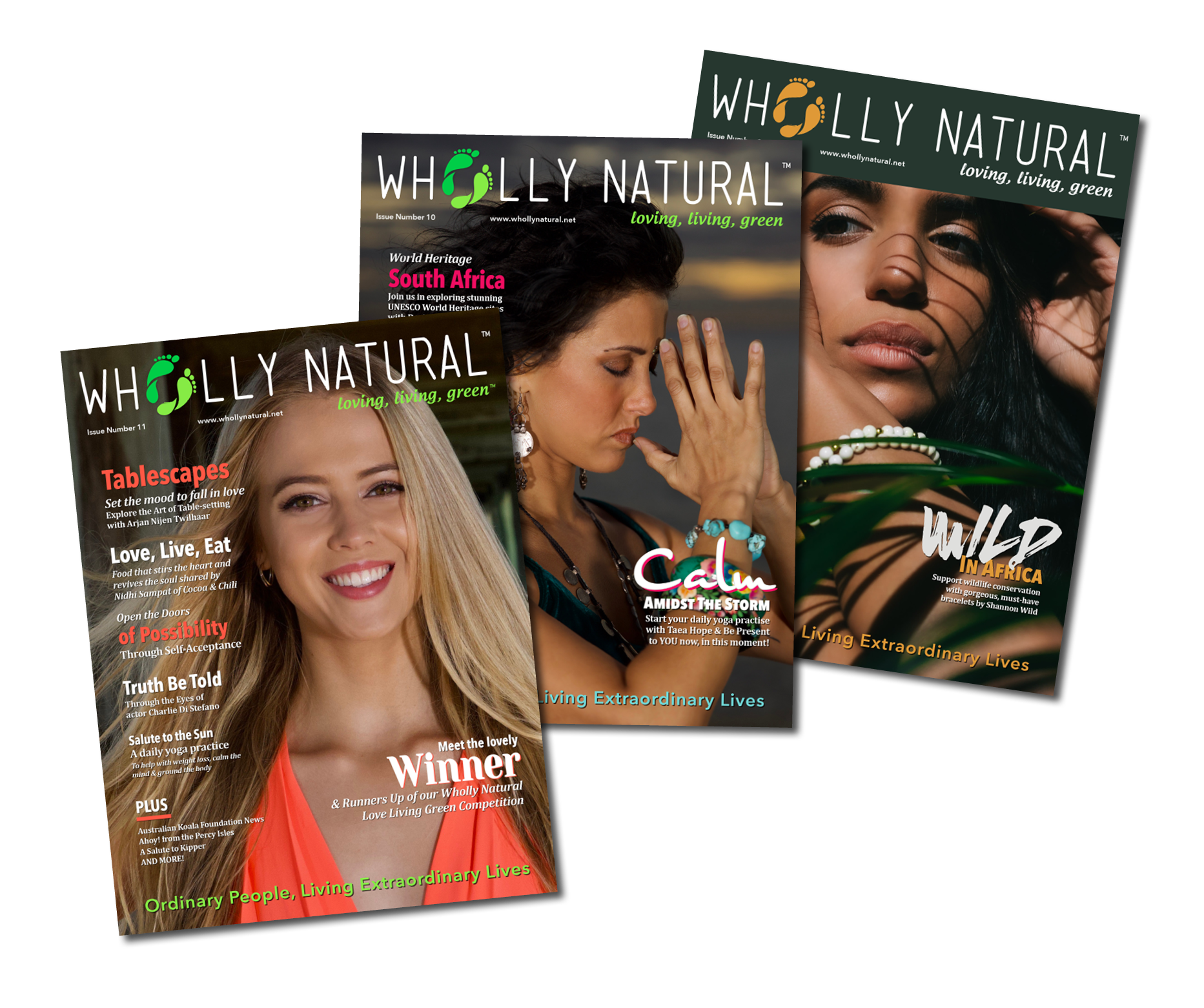 Covers of issues 9 – 11 of Wholly Natural Magazine™