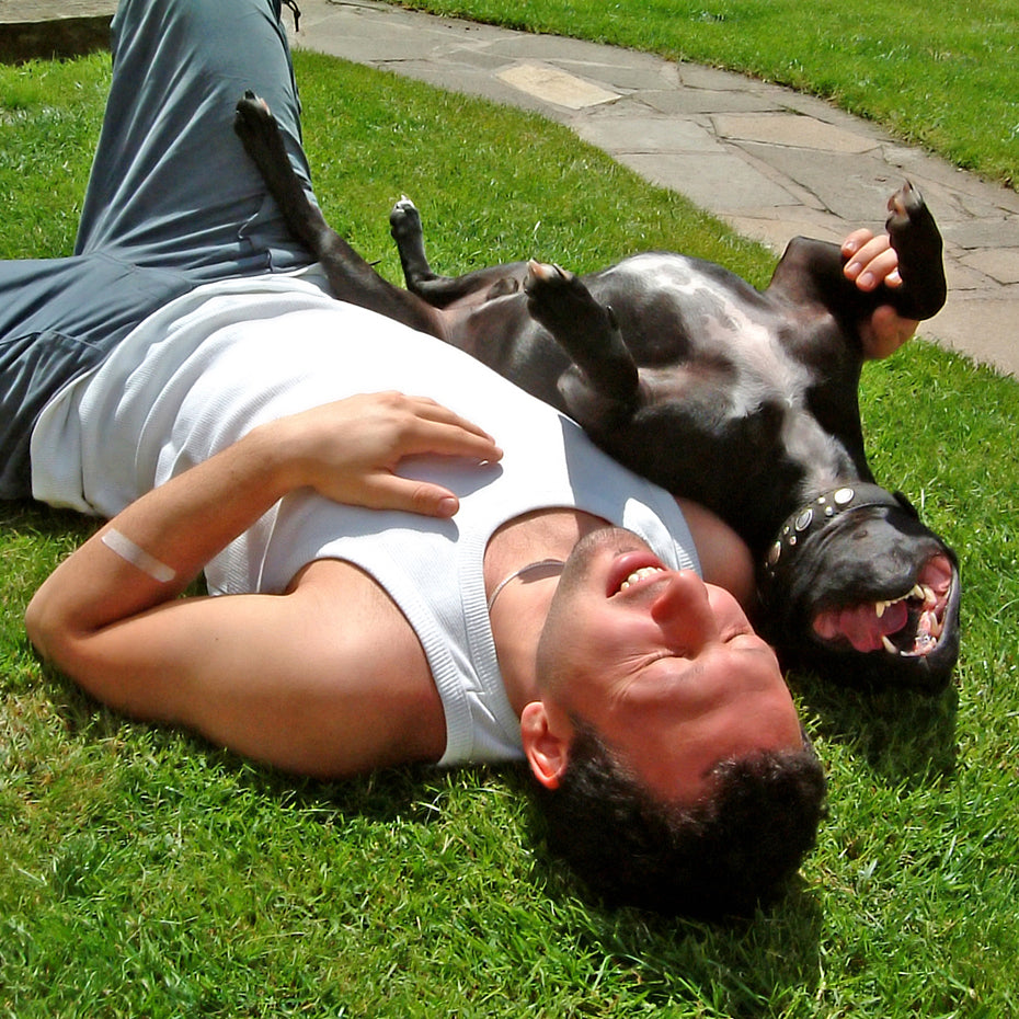 Man and dog upside down, laughing - join the fun!